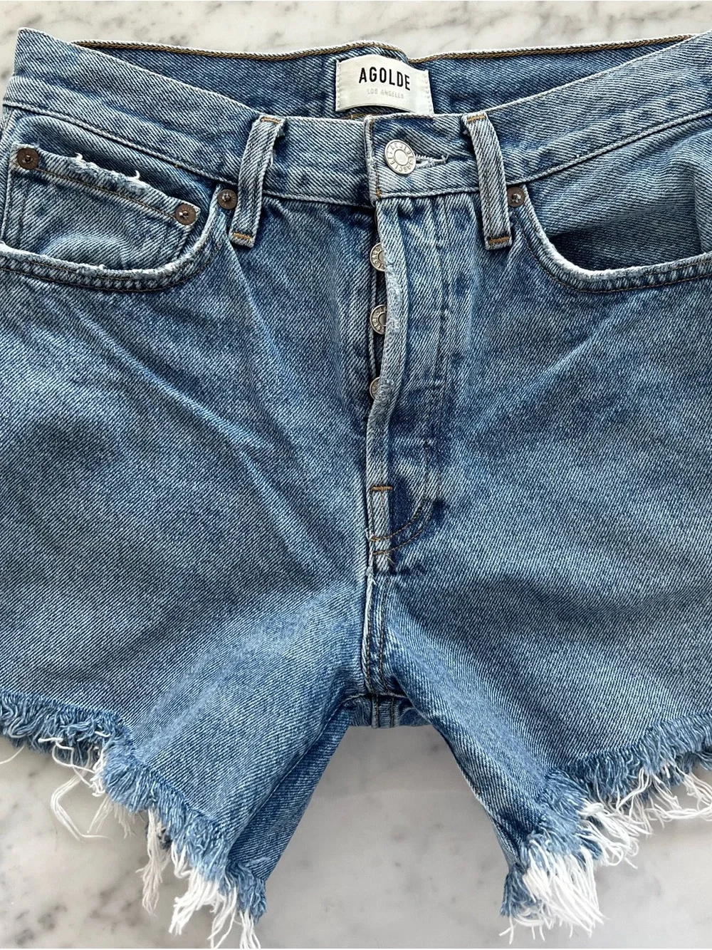 AGOLDE Parker Long High-Rise Cutoff Shorts Skywave Blue Wash Size 26